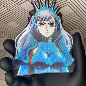 May include: A blue and white anime character with a crown, wearing a blue and white armor-like outfit. The character has long white hair and purple eyes.
