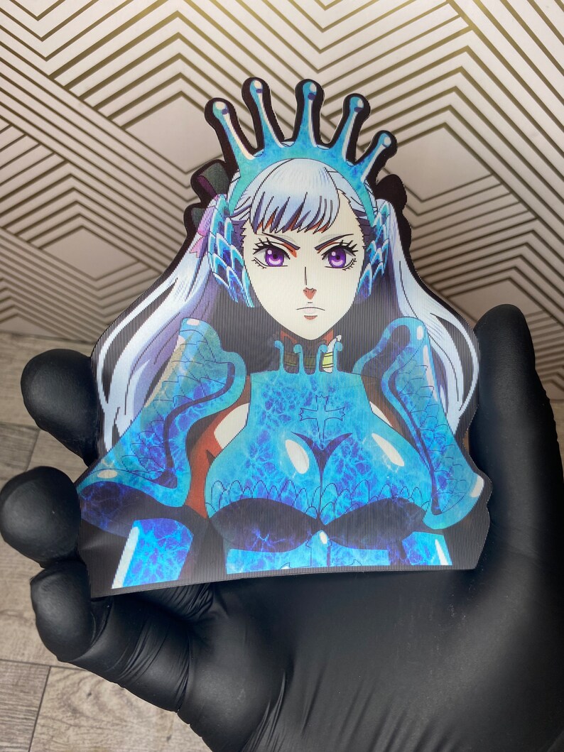 May include: A blue and white anime character with a crown, wearing a blue and white armor-like outfit. The character has long white hair and purple eyes.