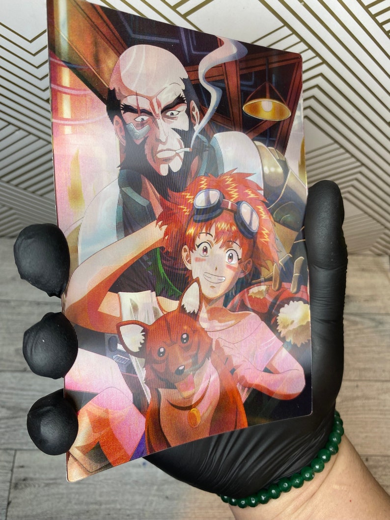 May include: A colourful anime illustration featuring a man with a beard and a woman with red hair and goggles. The woman is holding a brown and white dog. The background is a blurry image of a bar.