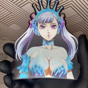 May include: A blue and white anime character with a crown and a blue and white dress. The character has long white hair and purple eyes.