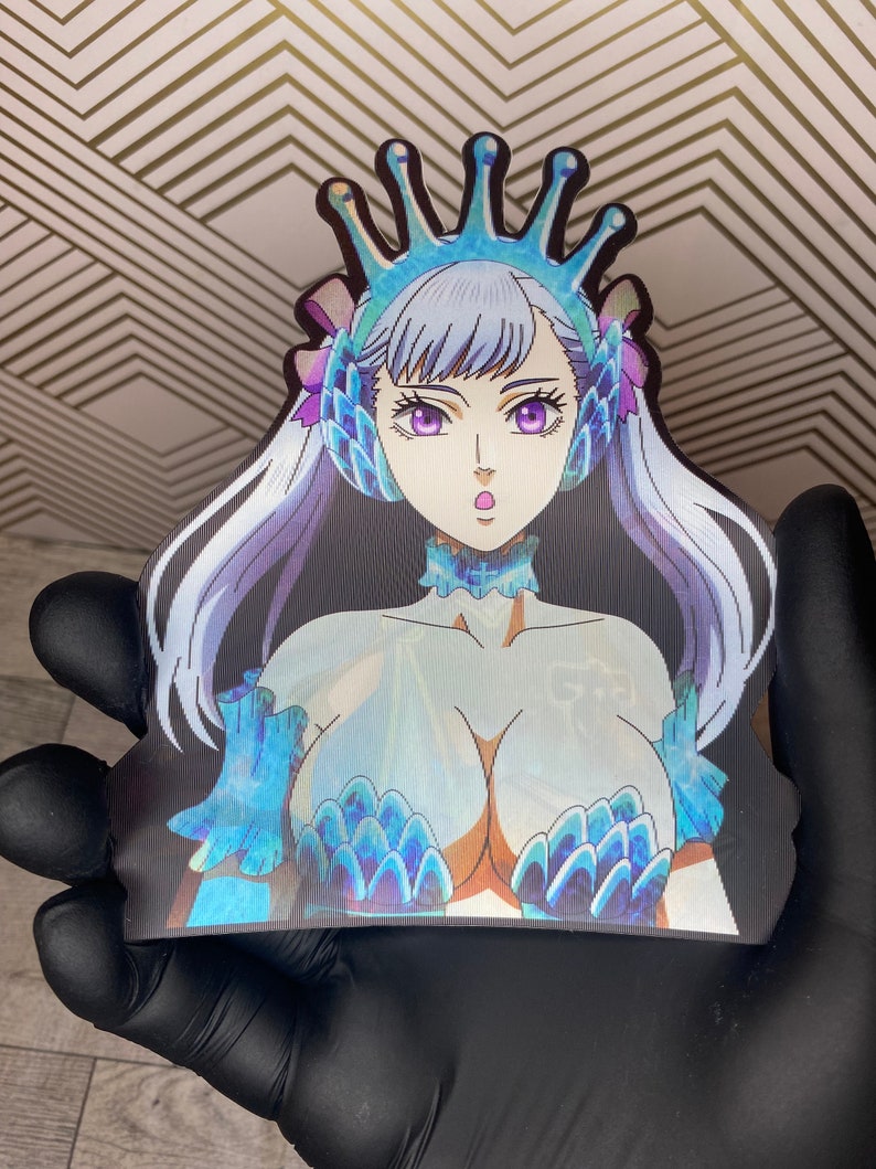 May include: A blue and white anime character with a crown and a blue and white dress. The character has long white hair and purple eyes.