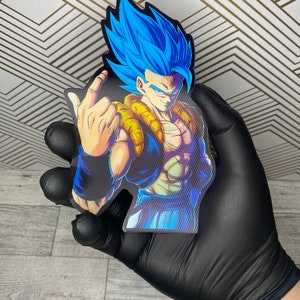 May include: A blue and black anime character sticker with spiky blue hair and a fierce expression. The character is wearing a black and gold vest and blue pants.