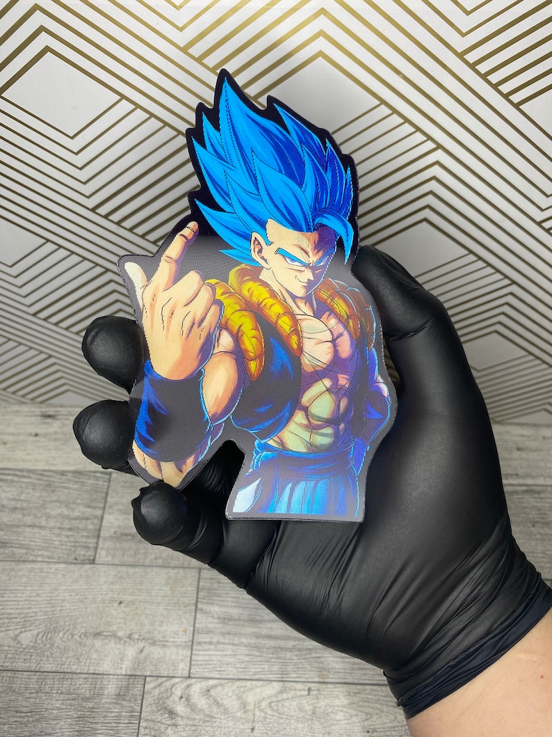 May include: A blue and black anime character sticker with spiky blue hair and a fierce expression. The character is wearing a black and gold vest and blue pants.