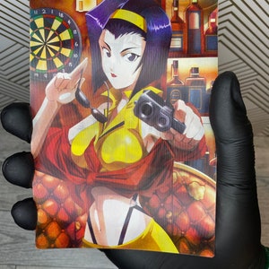 May include: A colourful anime illustration of a woman with dark blue hair, wearing a yellow and red outfit, holding a gun and sunglasses. She is sitting in a bar with a dartboard in the background.