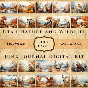 Utah Nature and Wildlife Junk Journal Kit, Watercolor, Vintage, Old paper, Grunge Style, Junk Journal Pages, Printable Paper, Digital Sheet