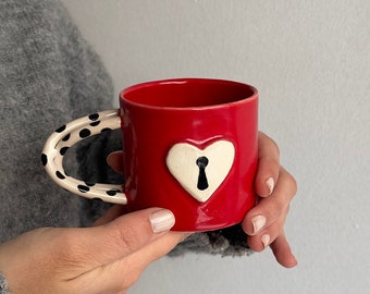 Love Key Valentines Mug, White Heart Coffee Cup, Black & White Pot Handle Cup, Pottery Tea Tumbler, Rustic Espresso Mug, Cute Wife Mug
