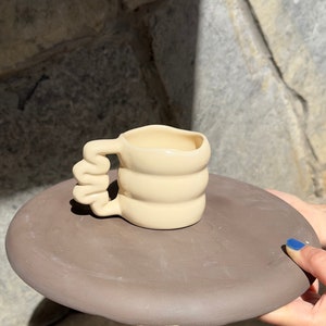 Wave Handle Cream Mug, Ceramic Pottery Coffee Cup, Minimalist Tea Mug, Modern Cocktail Mug, Trendy Farmhouse Cup, Neutral Primitive Mug