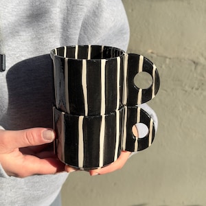 Striped Ceramic Mug, Black and White Line Cup, Contemporary Coffee Tumbler, Minimalist Drink Mug, Hand Painted Pottery Cup, Modern Mug