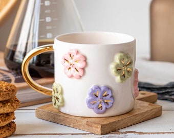 Colorful Daisy Ceramic Mug, Pastel Color Coffee Cup, 24k Gold Pottery Tea Tumbler, Minimalist Drinkware, Rainbow Drinking Cup, Rustic Mug