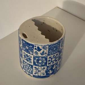 Handmade Stoneware Tumbler: Blue Check Travel Mug, Pottery Cup