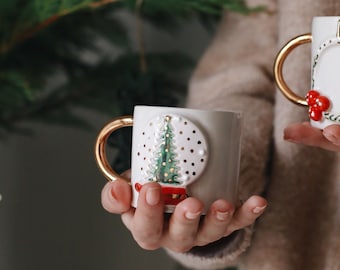 24k Gold Christmas Tree Mug, New Year Ceramic Cup, Winter Tree Pottery Tumbler, Holiday Themed Coffee Cup, Minimalist Ceramic Tea Mug