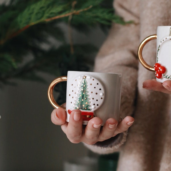 Tasse d’arbre de Noël en or 24 carats, tasse en céramique du Nouvel An, gobelet de poterie d’arbre d’hiver, tasse à café sur le thème des fêtes, tasse à thé en céramique minimaliste