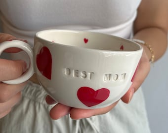 Heart Handmade Ceramic Mug, Best Mom Pottery Coffee Tumbler, 10 Oz Love Tea Cup, Cute Espresso Mug, Modern Drinking Cup for Mothers