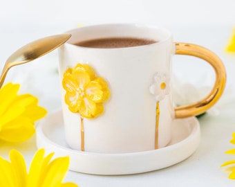 Yellow Daisy Mug with Saucer, Pottery Ceramic Tea Cup & Coaster Set, 2 Pcs 24k Gold Plated Coffee Tumbler, Rustic Mug, Espresso Cup