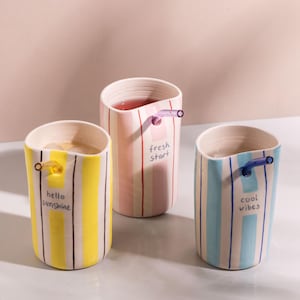 Handmade Striped Ceramic Tumbler Mug: 15 Oz To-Go Cup