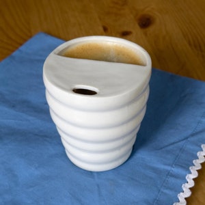 Wave Travel Porcelian Tumbler, Modern Hand Thrown Pottery Mug, Contemporary To-go Cup, Rustic Sip Mug, Lucky Cup for Library, Handleless Mug