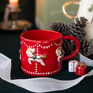 Red Carousel Christmas Mug, 10 Oz New Year Ceramic Cup, Winter House Pottery Tumbler, Holiday Themed Coffee Cup, Minimalist Ceramic Tea Mug