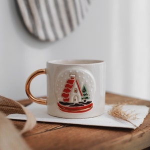 24k Gold Christmas Home Mug, New Year Ceramic Cup, Winter House Pottery Tumbler, Holiday Themed Coffee Cup, Minimalist Ceramic Tea Mug