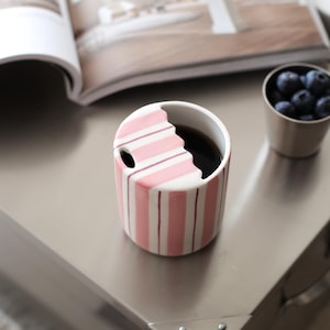 Pink Striped Stoneware Tumbler, Hand Thrown Pottery Mug, Travel To-go Cup, Rustic Sip Mug, Contemporary Cup for Library, Handleless Mug