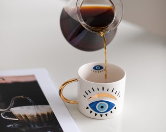 Evil Eye Ceramic Cup, 24k Gold Decor Clay Mug, Protection Pottery Tumbler, Lucky Coffee Cup, Handmade Modern Mug, Minimalist Simple Cup
