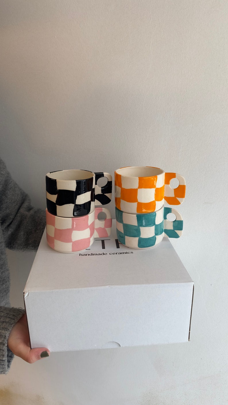 Checkered Ceramic Mug, Black Square Coffee Cup, Minimalist Tea Mug, Hand Painted Checkerboard Espresso Cup, Pottery Lemonade Tumbler image 5