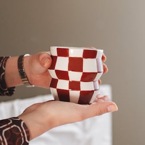 Square Brown Ceramic Mug, Check Coffee Cup, Minimalist Tea Tumbler, Wave Design Cocktail Tumbler, No Handle Modern Mug, Simple Juice Cup