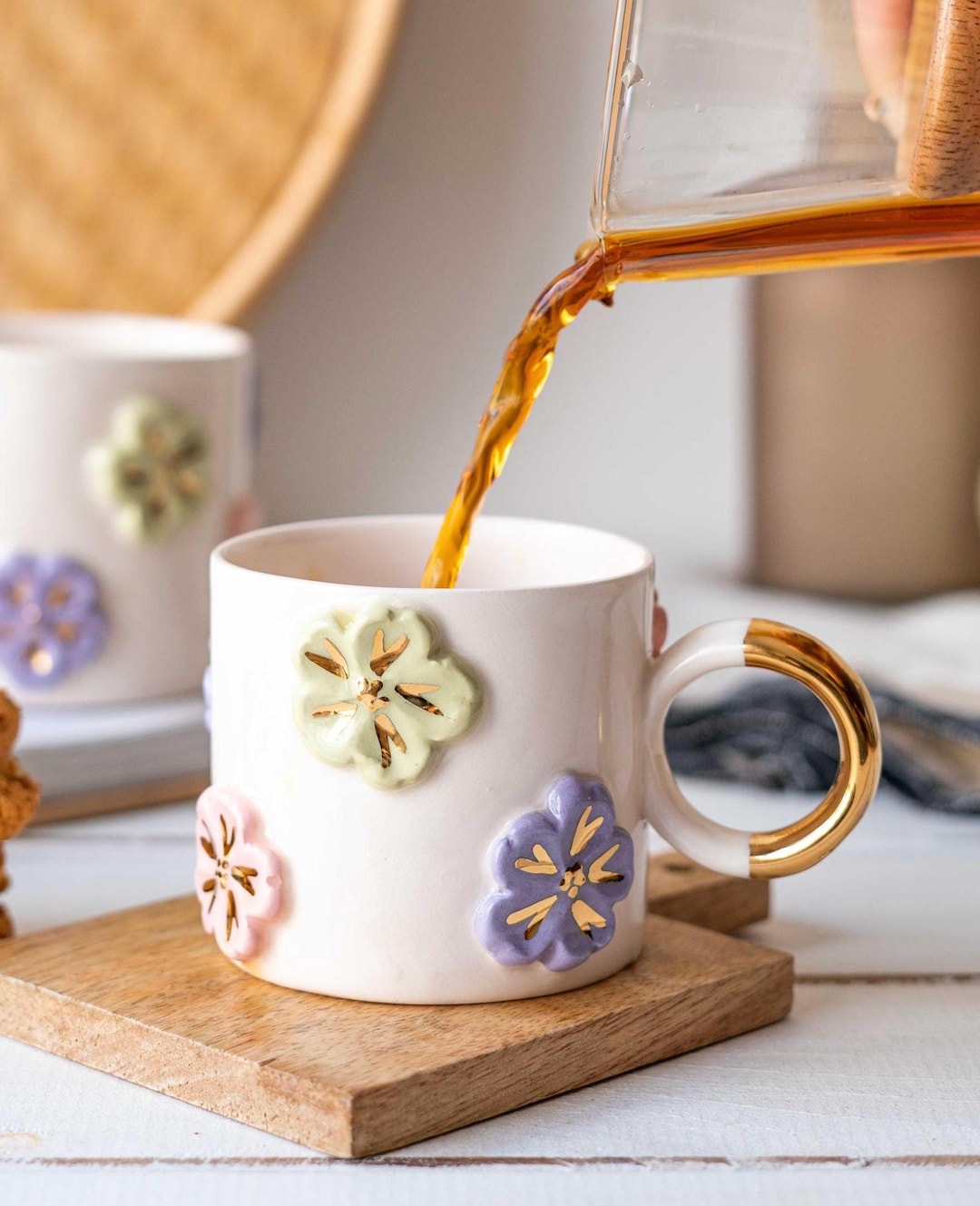 24k Gold Floral Ceramic Mug, Pastel Flower Coffee Cup, Pottery Tea ...