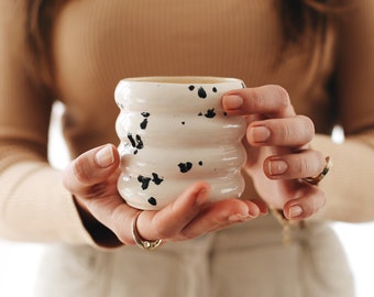 Wave Design Pottery Tumbler, Black Spot Ceramic Mug, Stoneware Dot Tea Cup, Rustic Espresso Mug, Minimal Cup, Modern Toothbrush Holder