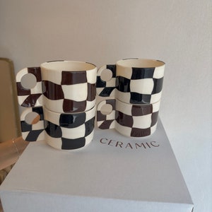 Checkered Ceramic Mug, Black Square Coffee Cup, Minimalist Tea Mug, Hand Painted Checkerboard Espresso Cup, Pottery Lemonade Tumbler image 3