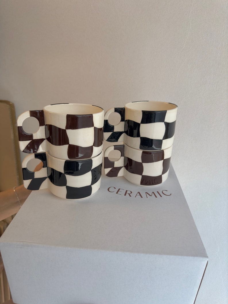 Checkered Ceramic Mug, Black Square Coffee Cup, Minimalist Tea Mug, Hand Painted Checkerboard Espresso Cup, Pottery Lemonade Tumbler image 3