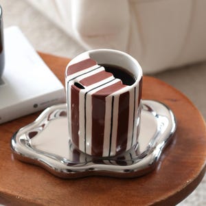 Contemporary Striped Stoneware Tumbler, Brown Pottery Mug, Travel To-go Cup, Rustic Sip Mug, Minimalist Cup for Library, Handleless Mug