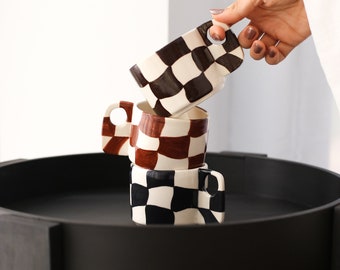 Checkered Painted Ceramic Mug, Square Geometric Coffee Cup, Minimalist Tea Mug, Handmade Checked Espresso Cup, Pottery Americano Tumbler