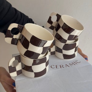 Checkered Ceramic Mug, Black Square Coffee Cup, Minimalist Tea Mug, Hand Painted Checkerboard Espresso Cup, Pottery Lemonade Tumbler