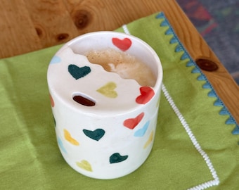 Colorful Love Thermos Ceramic Tumbler, Hand Thrown Travel Mug, Minimalist To-go Cup, Rustic Sip Mug, Pottery Cup for Library, Handleless Mug