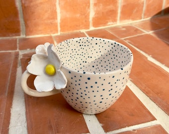 Embroidered Daisy Ceramic Mug, Dot Pottery Coffee Cup, Minimalist Drinkware, Dalmatian Drinking Cup, Rustic Tea Mug, Modern Juice Cup