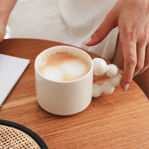 Beige Solid Coffee Tumbler, Bead Handle Ceramic Cup, Minimalist Tea Mug, Modern Cocktail Mug, Farmhouse Cup, Pencil Organizer, Neutral Mug