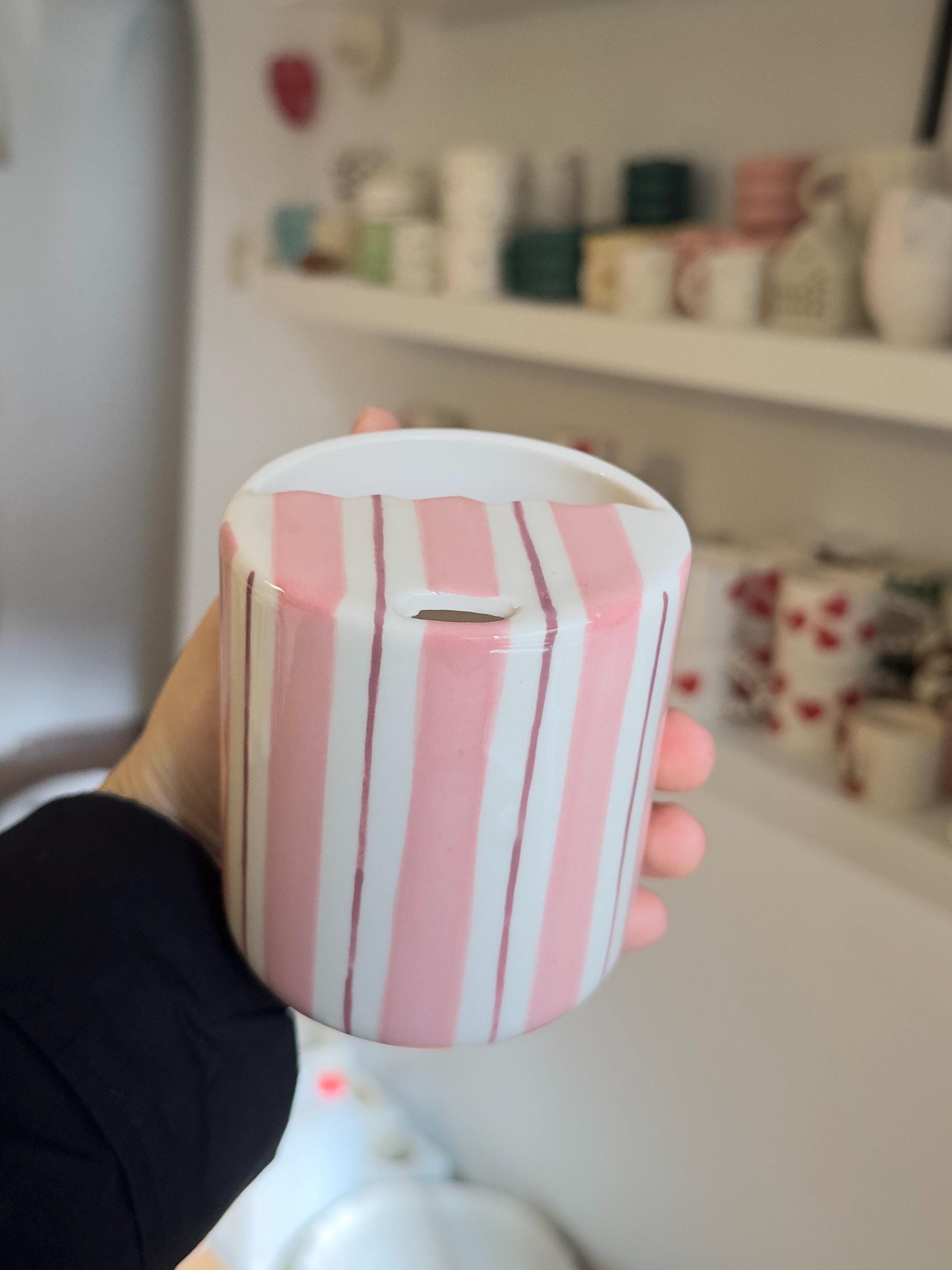 Pink Striped Travel Stoneware Tumbler, Hand Thrown Pottery Mug, Minimalist To-go Cup, Rustic Sip Mug, Modern Cup for Library, Handleless Mug