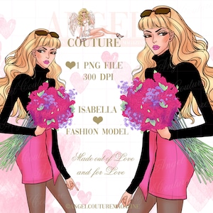 Fashion girl with flowers bouquet illustarion, girl in pink clipart, fashion model sketch, planner art, wall decor pictures art