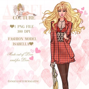 May include: A digital illustration of a fashion model with long blonde hair wearing a red and black plaid blazer, a black lace top, and black tights. The background is a pink watercolor pattern with hearts.
