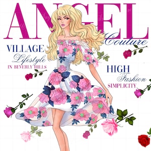 Fashion magazine cover drawing, girl in flowers dress illustration print