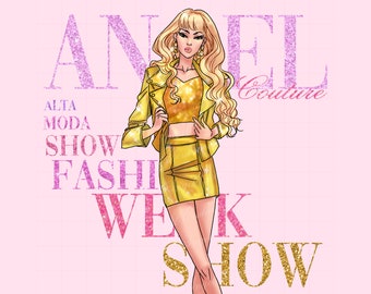 Magazine cover print, fashion poster art print, fashion model in gold illustration