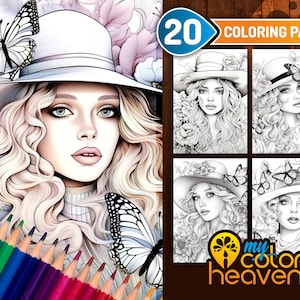 Trilby Hat Woman Coloring Page, Coloring page for adults, Printable coloring page, Grayscale, PDF