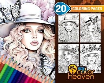Trilby Hat Woman Coloring Page, Coloring page for adults, Printable coloring page, Grayscale, PDF