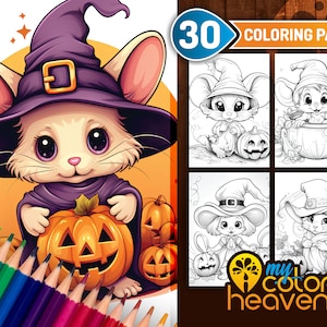 Halloween Coloring Pages, Cute Witch Mice Coloring Pages, Coloring Pages for Adults or Kids, Printable PDF, Instant Download, Pumpkin
