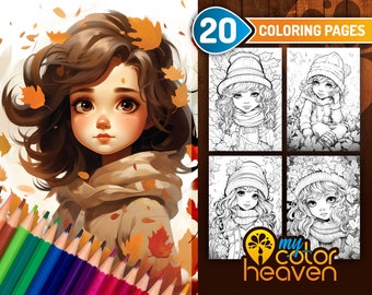 Autumn Girls Coloring Pages, Coloring Book for Adults, Grayscale, Autumn Themed Coloring Page, Instant Download, PDF, Printable