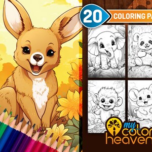 Cute Baby Animal Coloring Page, Kawaii, Adults Coloring, Forest Coloring, Grayscale Coloring Page, PDF, Instant Download, Smile Animals