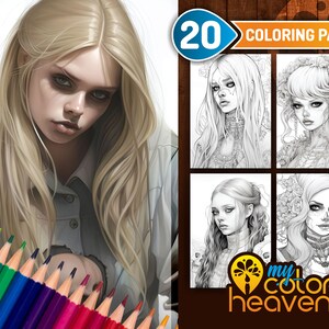 Beautiful Gothic Girl Coloring Page, Halloween Coloring Pages, Coloring Book for Adults, Skull, Grayscale, Digital Coloring, Printable PDF