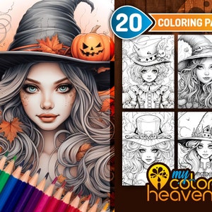 Halloween Malvorlagen, Hexe Malvorlagen, Malvorlagen für Erwachsene oder Kinder, druckbare PDF, Graustufen, Sofort Download