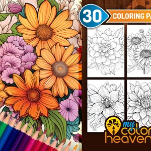Flower Coloring Book Pages, Coloring Page for Adults and Children, Beautiful Flowers, Printable Coloring Page, Flower Art, Instant Download