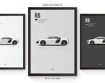 May include: Three framed posters of a white Audi R8 sports car. The posters have a black frame and a white background with the car in the center. The top of the poster has the text "R8" and the text "Custom Car Poster Co.".